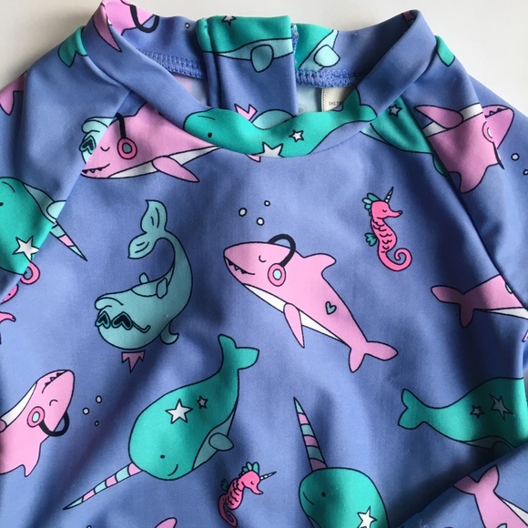 OshKosh B'gosh one piece Swimsuit 6 months long sleeves purple Narwhal shark - Picture 2 of 12